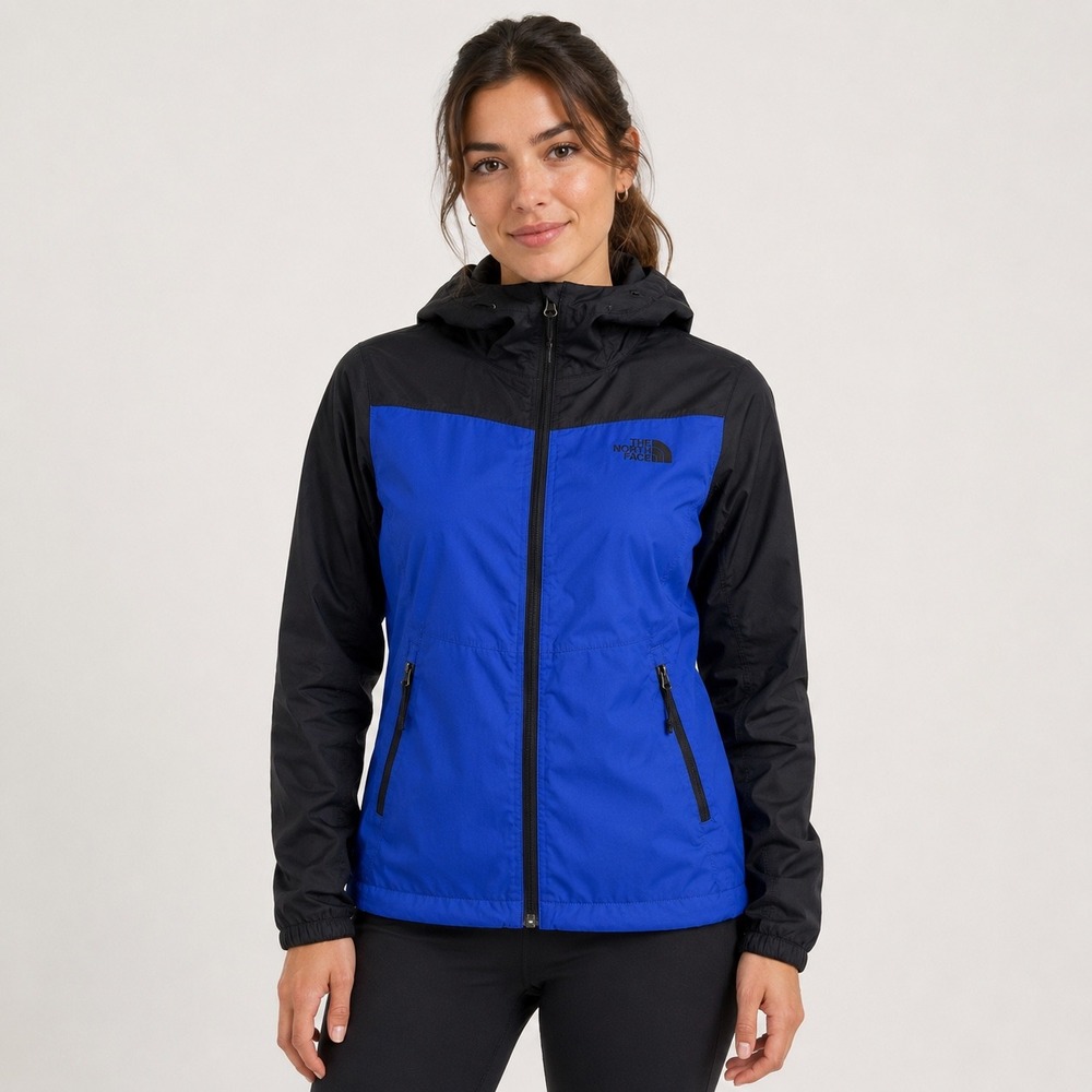 The North Face Women's Hooded Rain Jacket M Blue Black Colorblock EUC
